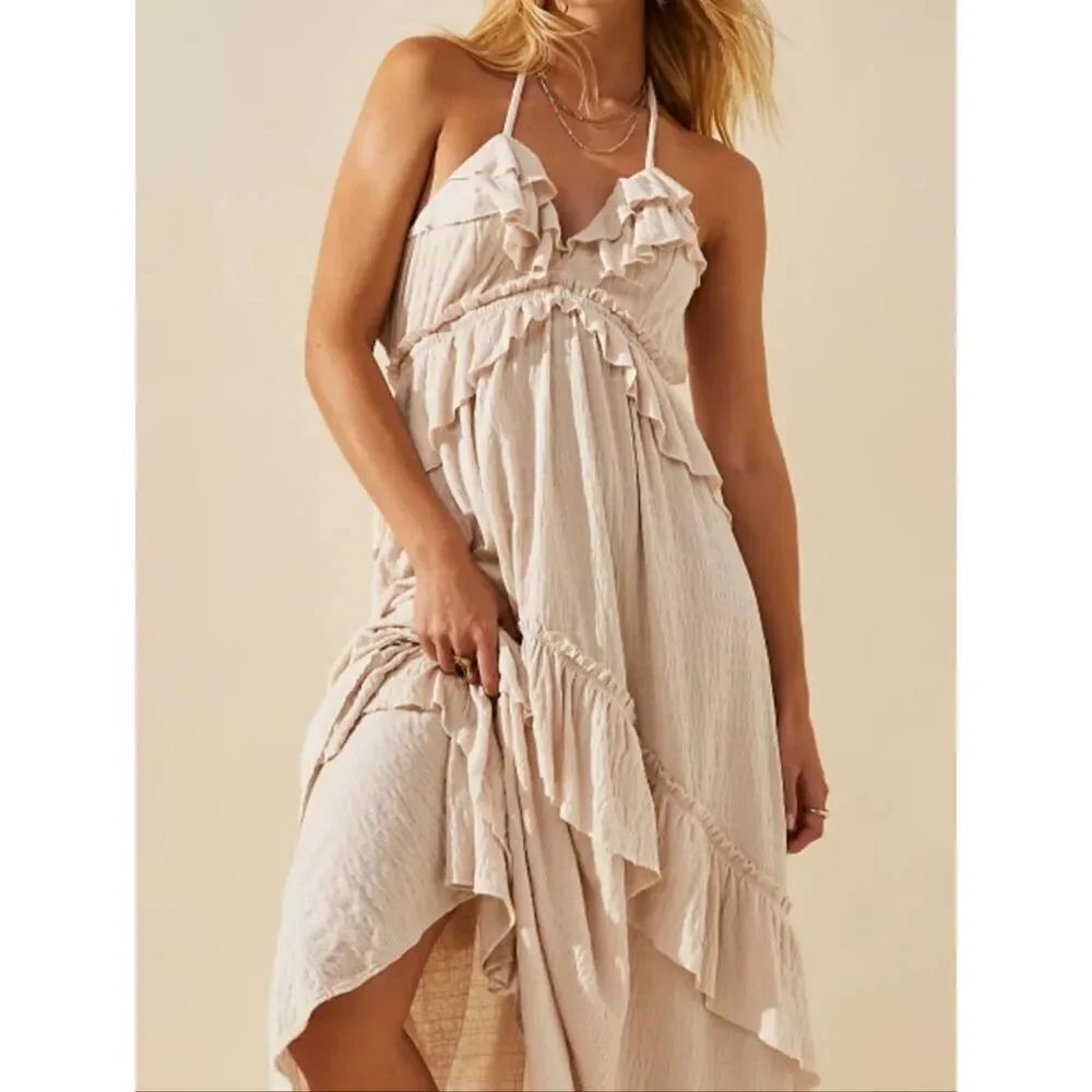 Whimsical Beige Khaki Princess Bohemian Tie-Back Maxi Dress  Size Large
